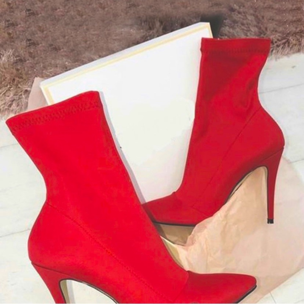 Faux Suede Stretch Pointed Toe Sock Booties Mid-Calf Ankle Boot Stiletto Heel